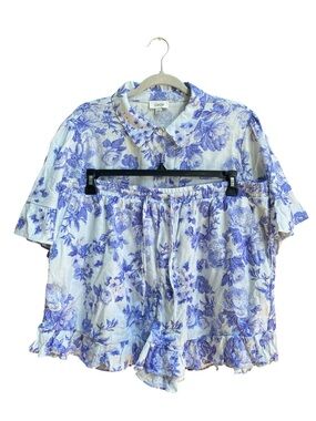Cece Linen Blend Blue Floral Ruffle Shorts Set Womens Size XL NWT Cottagecore